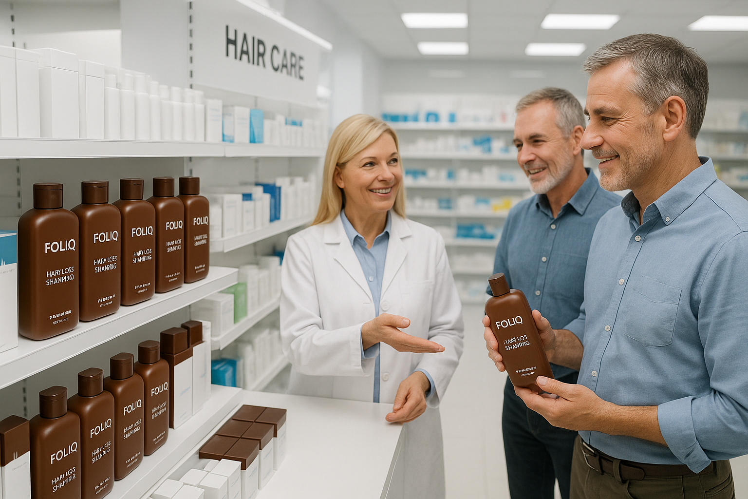 Customers in their 30s and 50s purchasing FOLIQ hair loss shampoo with mocha bottles from pharmacy