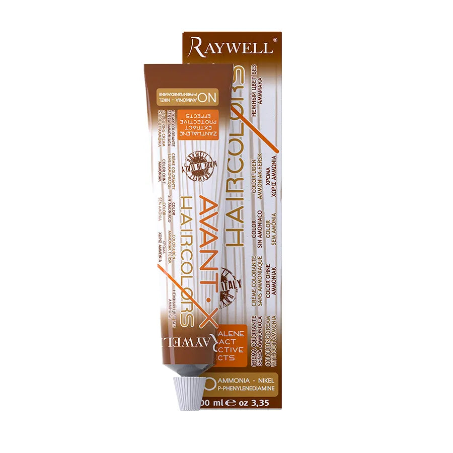 Raywell Avant X is an innovative hair color cream line ammonia free, phenylenediamine free and nickel free available in 100 ml tube valid for 2 applications. colours your hair in a NON aggressive way leaving it shiny and soft. The beeswax and zanthalene extract content protects your skin and hair, while its fruity fragrances leaves a good smell in your hair and in the work environment.