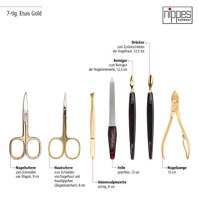 Nippes CROCO, manicure set, 7 pcs. Gold-plated instruments, leather case, crocodile embossing, dark brown - Tulipa Hair & Beauty
