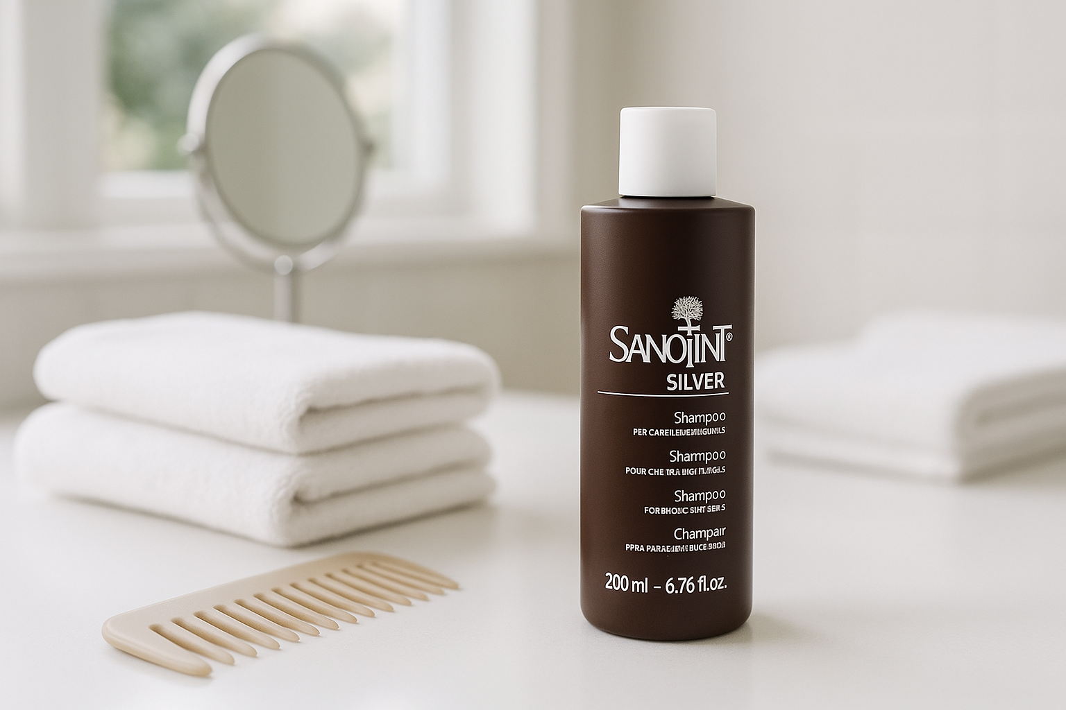 DIY hair care scene featuring actual Sanotint Silver Shampoo bottle in modern bathroom setting