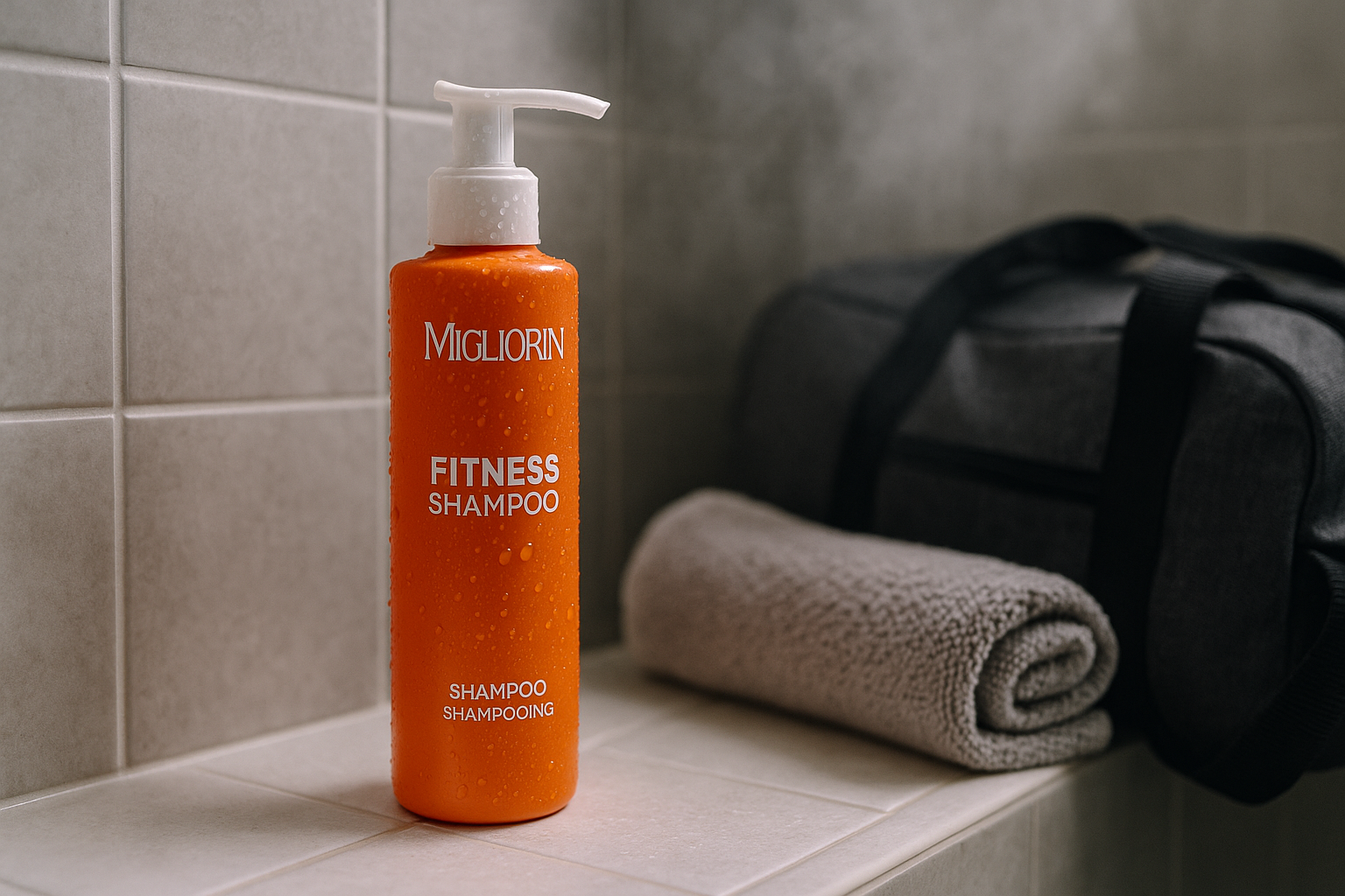 Migliorin Fitness Shampoo in shower setting - Orange bottle with white pump dispenser in modern bathroom post-workout scene
